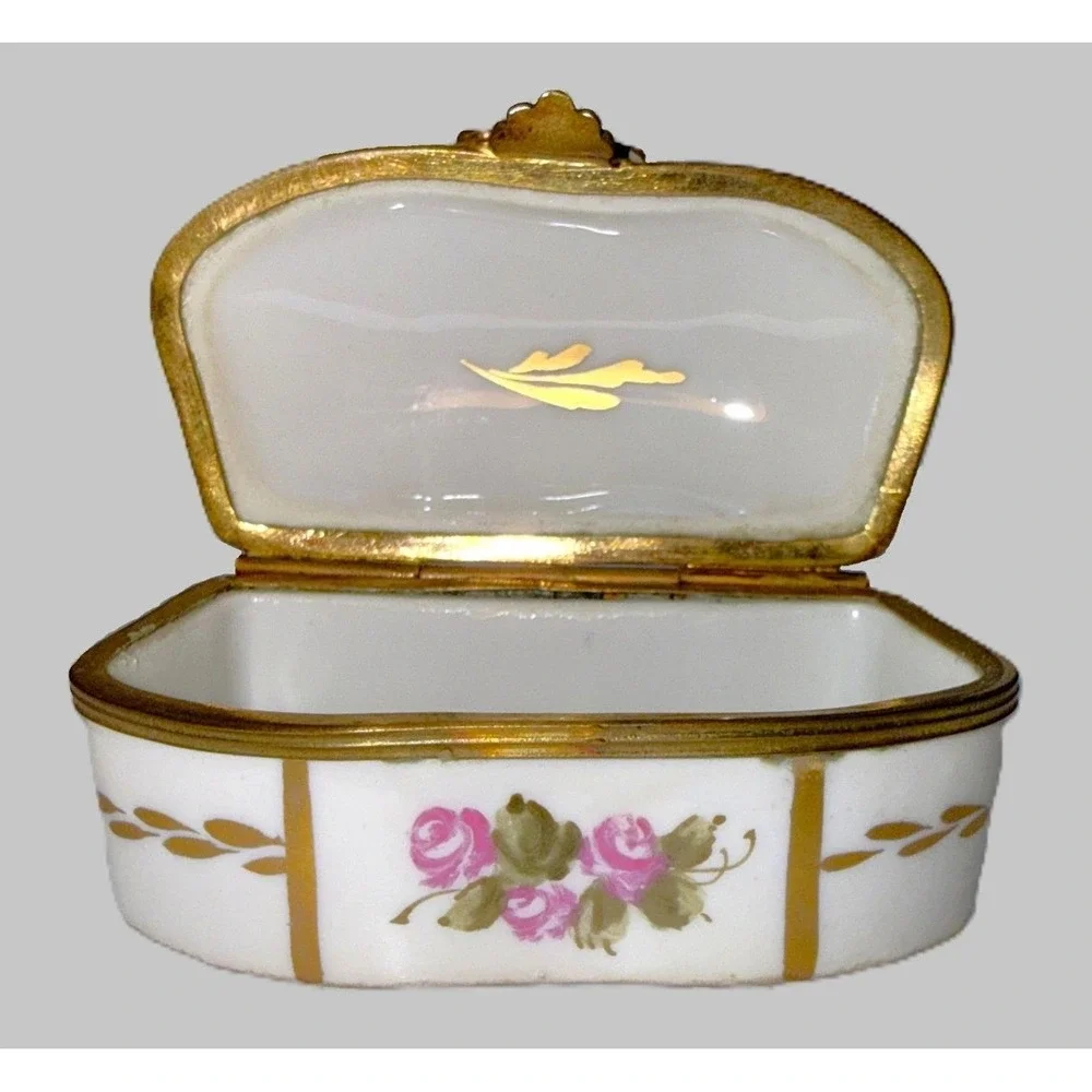 Antique Sevres Style Porcelain Kidney Trinket Box Hand Painted Musical Trophy